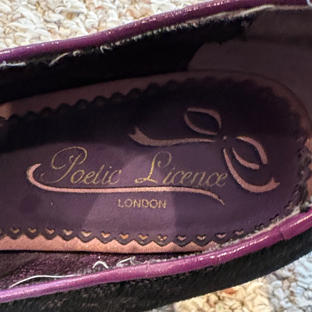 Poetic License Black Lace Ballet Flats with Purple Trim and Satin Ribbon - Picture 2 of 5